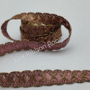 Vintage 1940s French Pink Gold Metallic Silk Jacquard Ribbon Couture TWO YARDS